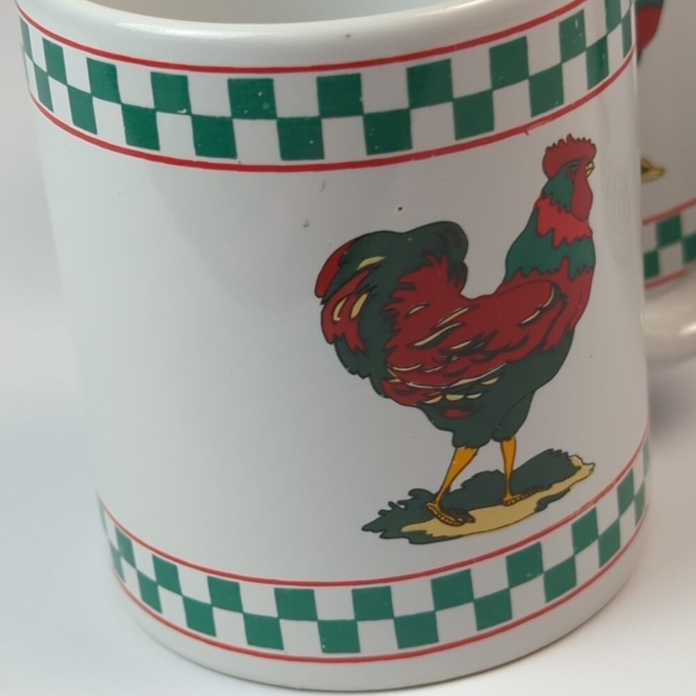 Vintage Farmhouse Rooster Coffee Mug Set White Cups Green Checkered Border - Picture 7 of 11